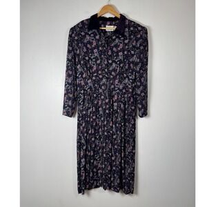 Cottagecore Halmode Petites Women 14P Midi Dress Navy Paisley Velvet Collar Long